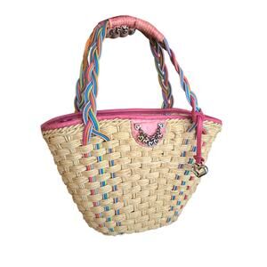 Y2K Brighton Vienna Woven Straw Tote Pink Colorful Braided Leather Beach Bag